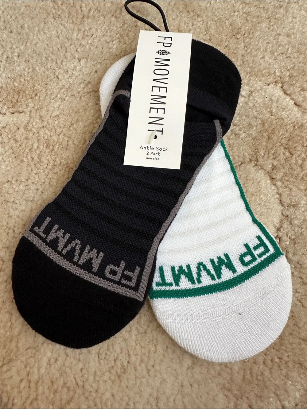 FP Movement by Free People Ankle Sock 2-Pack - Black & White with Green Trim